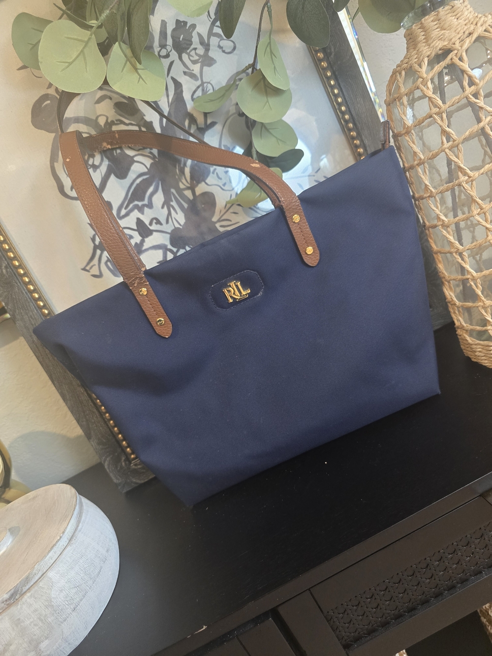Lauren Ralph Lauren Navy Tote Bag Brown Double Handles Zip Top Gold Hardware